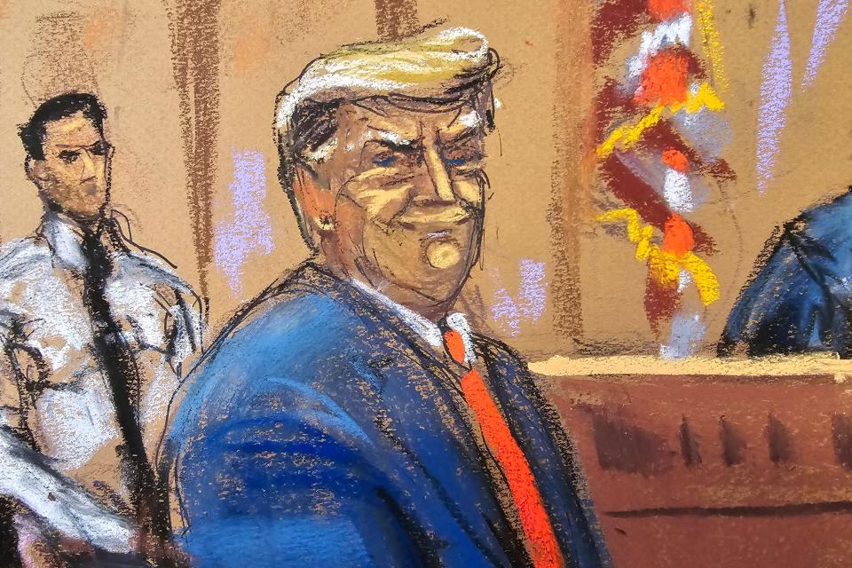 In this courtroom sketch, former President Donald Trump smiles at the jury as he is introduced to them at the start of his criminal trial in New York on April 15, 2024.