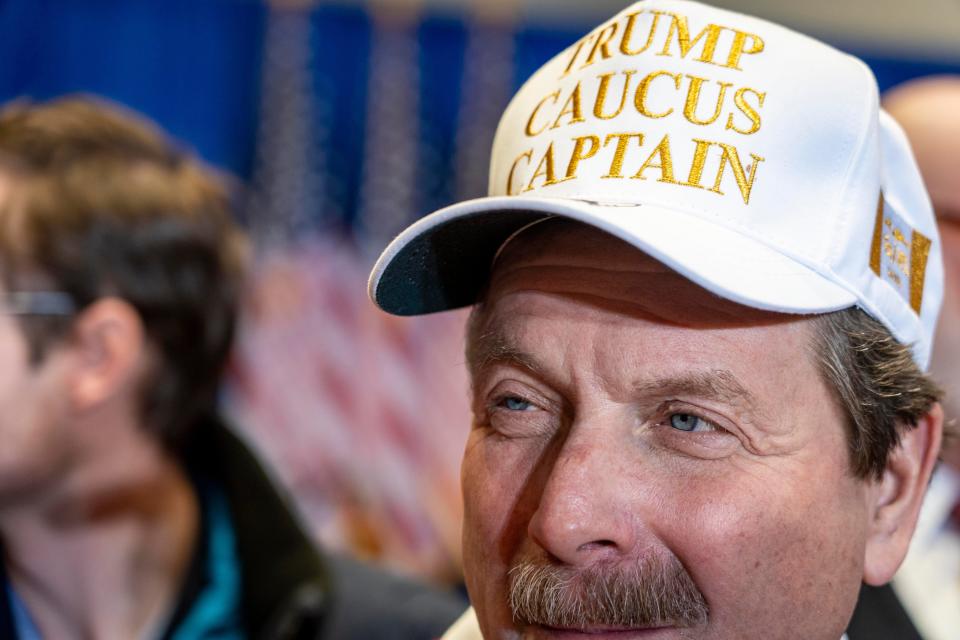 Gary Leffler attends a rally for Former President Donald Trump,Sunday, Jan. 14, 2024, at Simpson College in Indianola, Iowa.