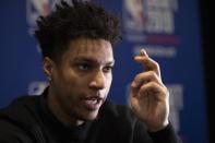 Brandon Clarke, a junior basketball player from Gonzaga, attends the NBA Draft media availability, Wednesday, June 19, 2019, in New York. The draft will be held Thursday, June 20. (AP Photo/Mark Lennihan)