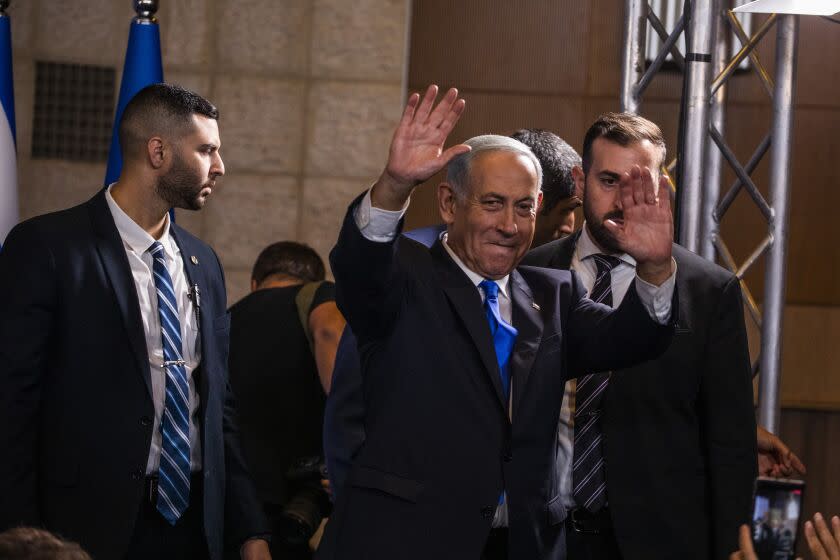 02 November 2022, Israel, Jerusalem: Likud party leader and former Israeli Prime Minister Benjamin Netanyahu arrives to give a statement following the exit polls of the 2022 Israeli general election, the fifth parliamentary election in just three and a half years. The conservative Likud party has come out on top in Israel's parliamentary election, according to forecasts based on exit polls. Photo: Ilia Yefimovich/dpa (Photo by Ilia Yefimovich/picture alliance via Getty Images)