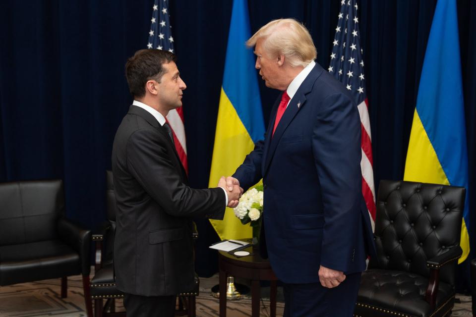 Ukrainian President Volodymyr Zelensky meets with President Donald Trump on Sep. 25, 2019, at the United Nations in New York.