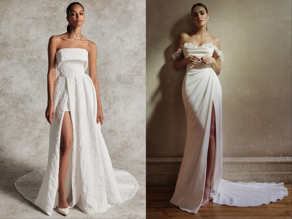 A side-by-side of two women in wedding dresses.