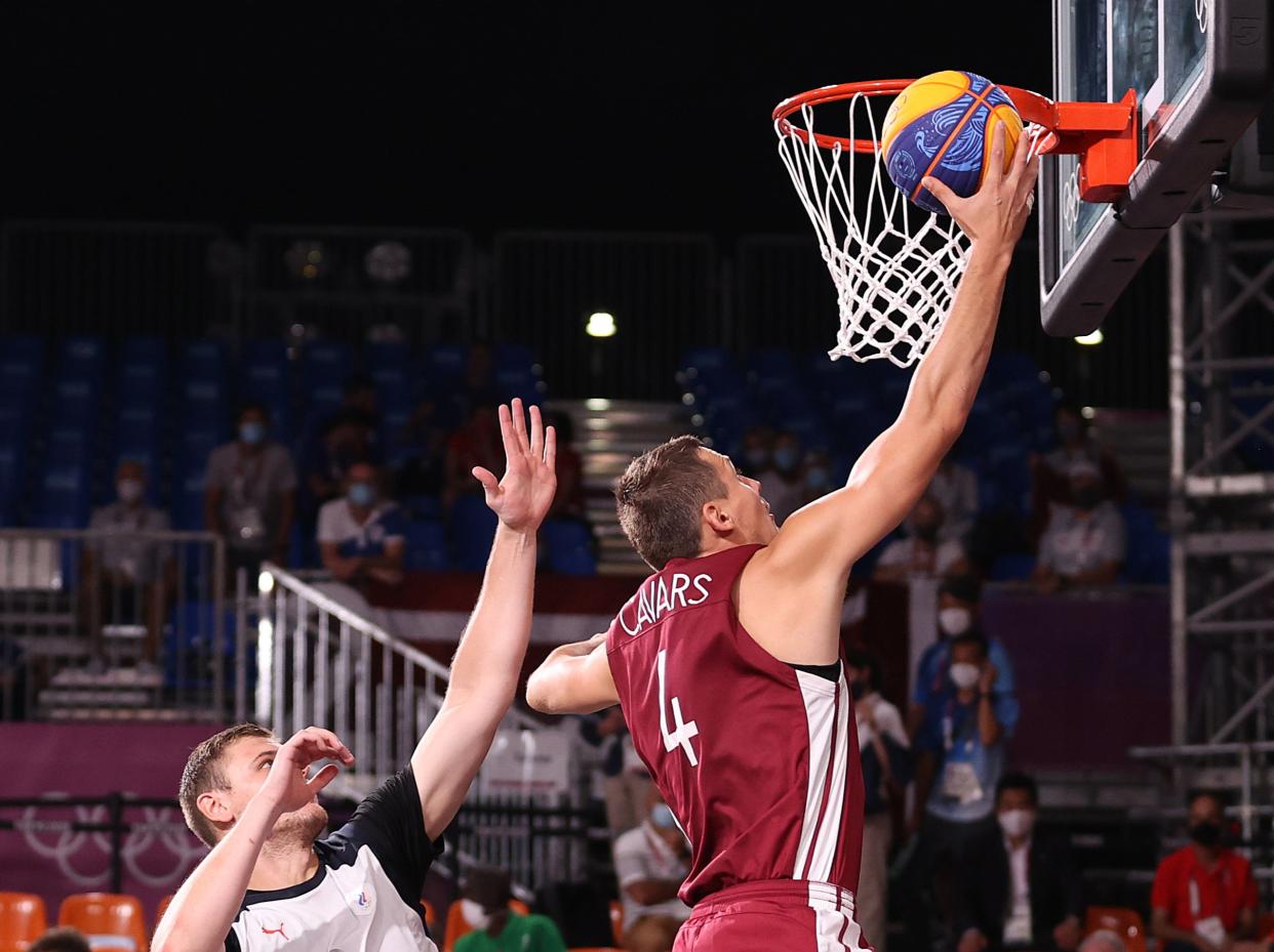 Agnis Cavars looks to score for Latvia in the men’s 3x3 final (Getty)