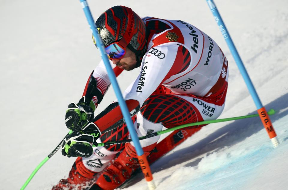 Austria's Marcel Hirscher competes during the men's giant slalom, at the alpine ski World Championships in Are, Sweden, Friday, Feb. 15, 2019. (AP Photo/Alessandro Trovati)