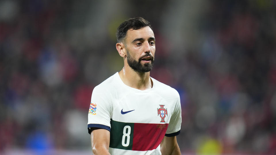 Portugal&#39;s Bruno Fernandes during the UEFA Nations League soccer match between the Czech Republic and Portugal at the Sinobo stadium in Prague, Czech Republic, Saturday, Sept. 24, 2022. (AP Photo/Petr David Josek)
