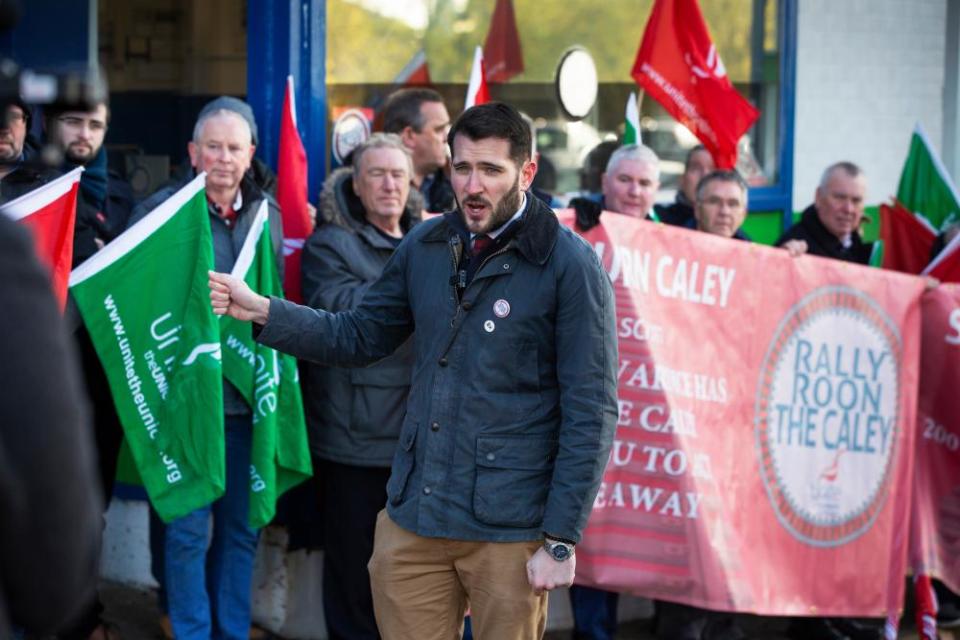 Paul Sweeney, Labour candidate for Glasgow North East, joins former employees from the Caley railway works at a protest last month.