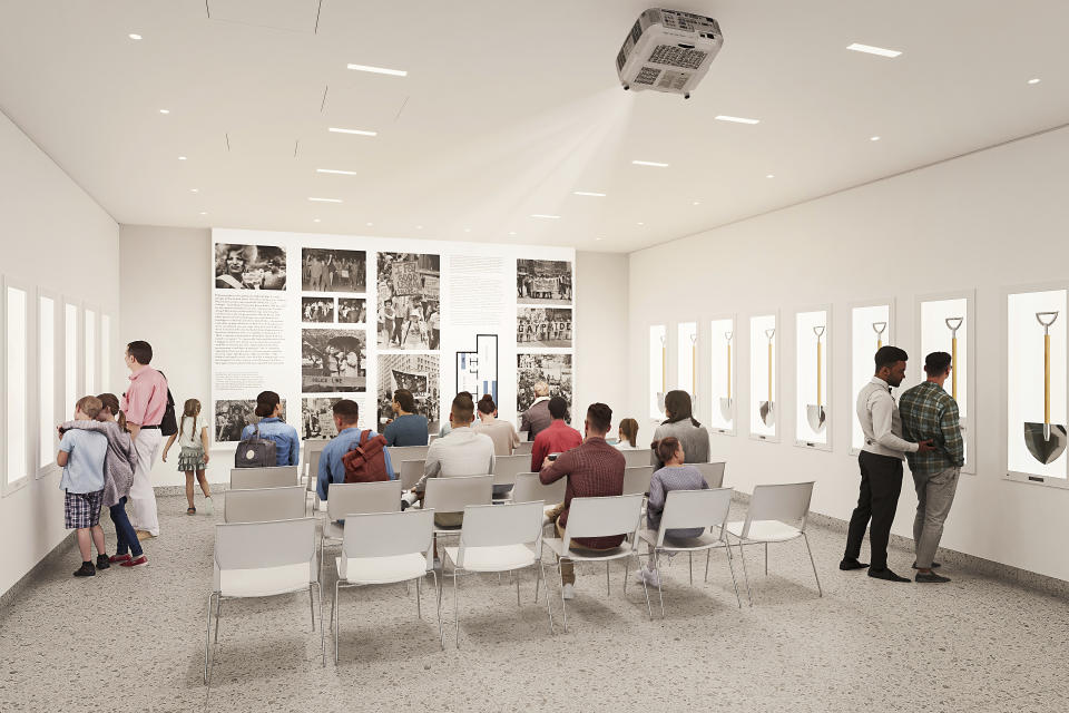 This rendering shows the proposed interior of the Stonewall National Monument Visitors Center in New York. The visitor center aims to tell the Stonewall story in more depth than the monument itself, which centers on a tiny park that features historical photographs but limited interpretive information. Overseen by the National Park Service and the LGBTQ+ advocacy group Pride Live, the $3.2 million visitor center was financed chiefly with private donations. (Courtesy of EDG Architecture and Engineering)