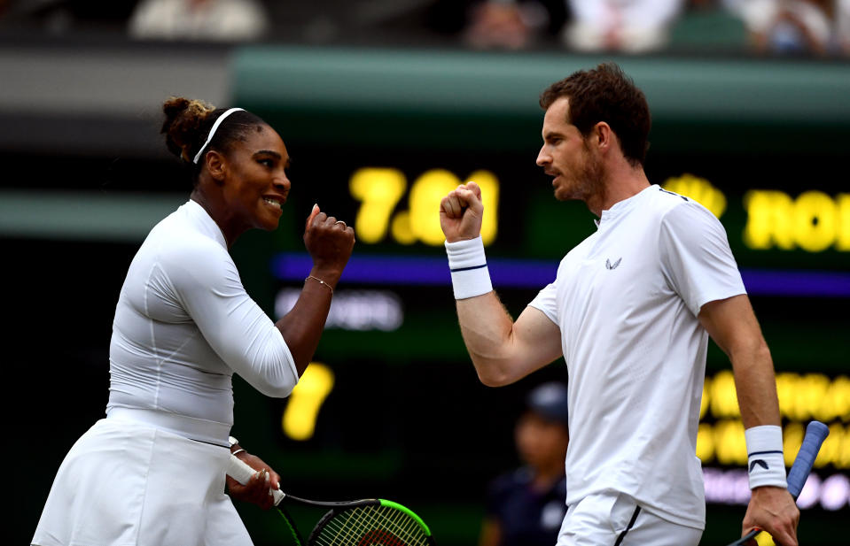 Andy Murray and Serena Williams reacts during their match against Fabrice Martin and Raquel Atawo on day eight of the Wimbledon Championships at the All England Lawn Tennis and Croquet Club, Wimbledon.