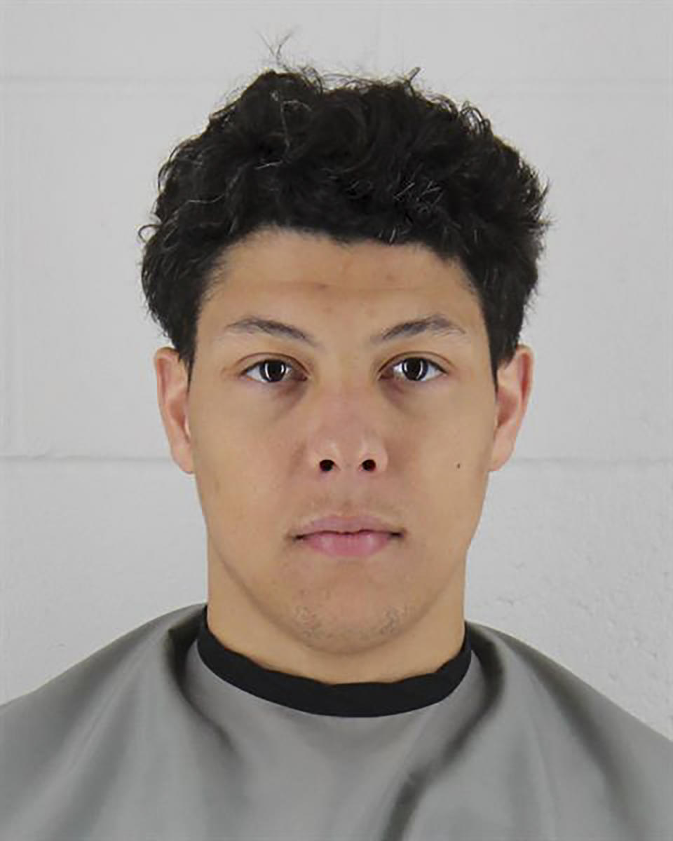 This photo released by the Johnson County Sheriff’s Office in Kansas, on Wednesday, May 3, 2023, shows Jackson Mahomes. The brother of Kansas City Chiefs quarterback Patrick Mahomes was booked into jail Wednesday on aggravated sexual battery charges over a restaurant altercation. (Johnson County Sheriff’s Office via AP)