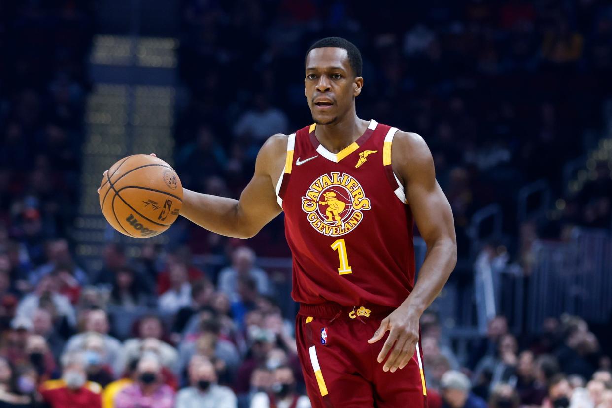 FILE - Cleveland Cavaliers' Rajon Rondo (1) plays against the San Antonio Spurs during the first half of an NBA basketball game, Wednesday, Feb. 9, 2022, in Cleveland. A Louisville woman has filed for an emergency protective order against Rondo and alleges the former Kentucky star brandished a gun and threatened her life. (AP Photo/Ron Schwane, File)