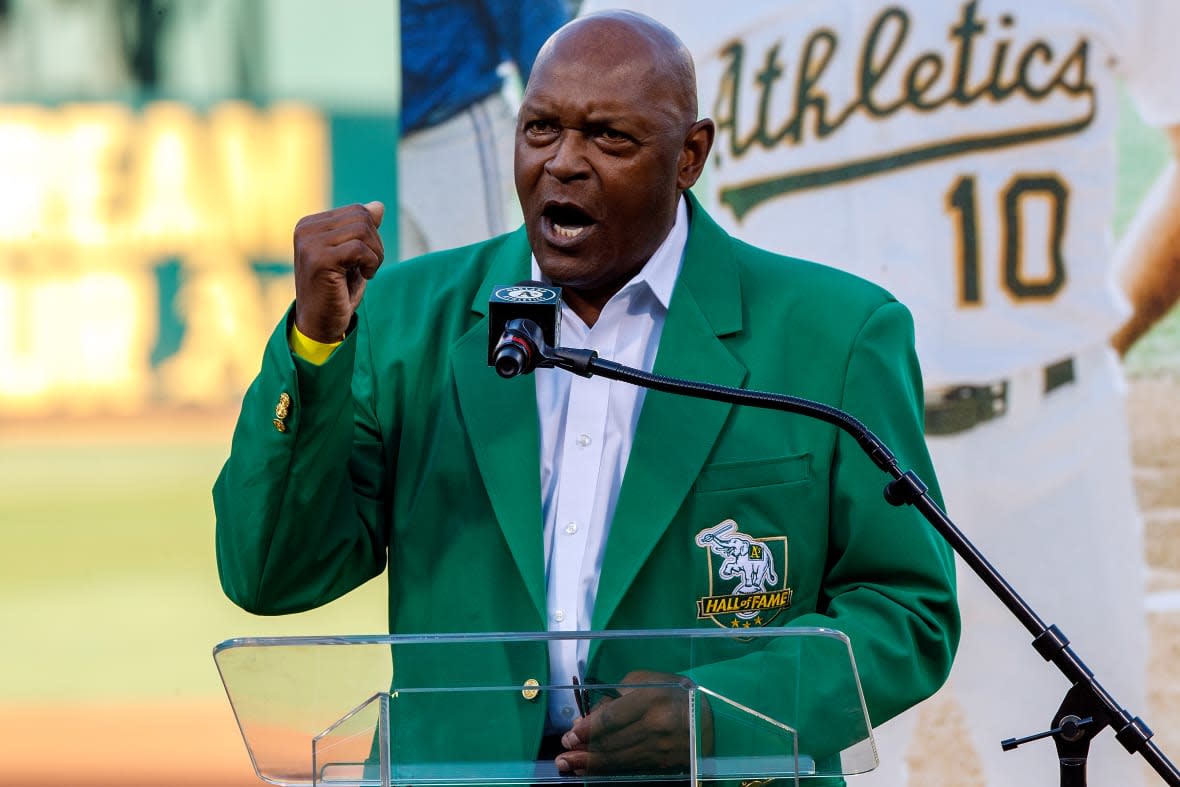 OAKLAND, CA – SEPTEMBER 21: Former pitcher Vida Blue of the Oakland Athletics speaks as he is inducted into the team’s Hall of Fame before the game against the Texas Rangers at the RingCentral Coliseum on September 21, 2019 in Oakland, California. (Photo by Jason O. Watson/Getty Images)