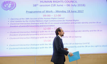 Zeid Ra'ad al-Hussein, outgoing United Nations High Commissioner for Human Rights attends the Human Rights Council at the United Nations in Geneva, Switzerland June 18, 2018. REUTERS/Denis Balibouse