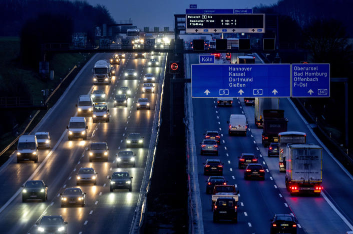 Cars and trucks drive on a highway in Frankfurt, Germany, Friday, Jan. 27, 2023. A European ban on imports of diesel fuel and other products made from crude oil in Russian refineries takes effect Feb. 5. The goal is to stop feeding Russia's war chest, but it's not so simple. Diesel prices have already jumped since the war started on Feb. 24, and they could rise again. (AP Photo/Michael Probst)