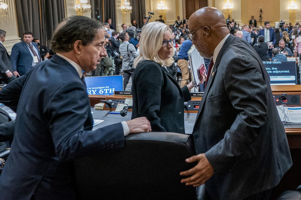 Rep. Bennie Thompson, left, Rep. Liz Cheney, center, and Rep Jamie Raskin exit following a hearing on July 12, 2022.<span class="copyright">Shawn Thew—EPA/Bloomberg/Getty Images</span>