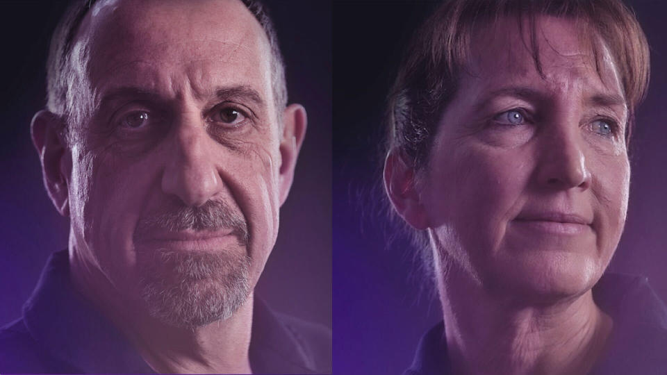 on the left, a man with short hair. on the right, a woman with bangs stares off to the right