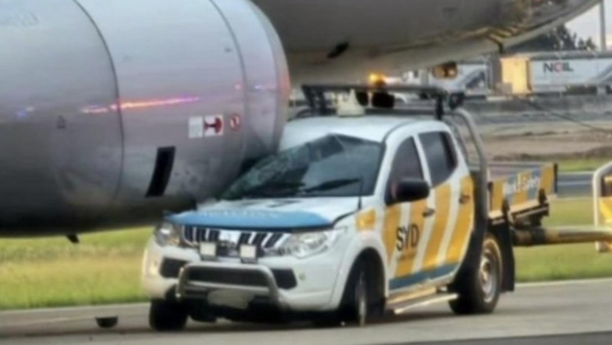 Dramatic photos show the front of the ute crumpled under the plane's propeller. Photo: 7 News