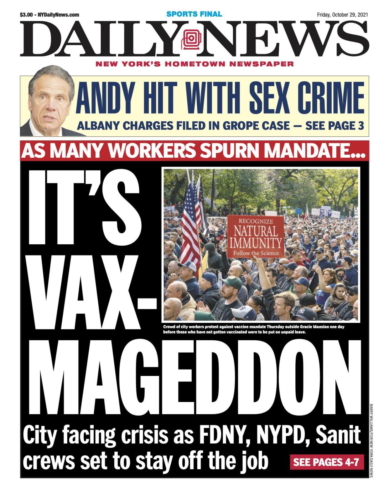 Front page for Oct. 29, 2021: City facing crisis as FDNY, NYPD, Sanit crews set to stay off the job due to the COVID vaccine mandates. 