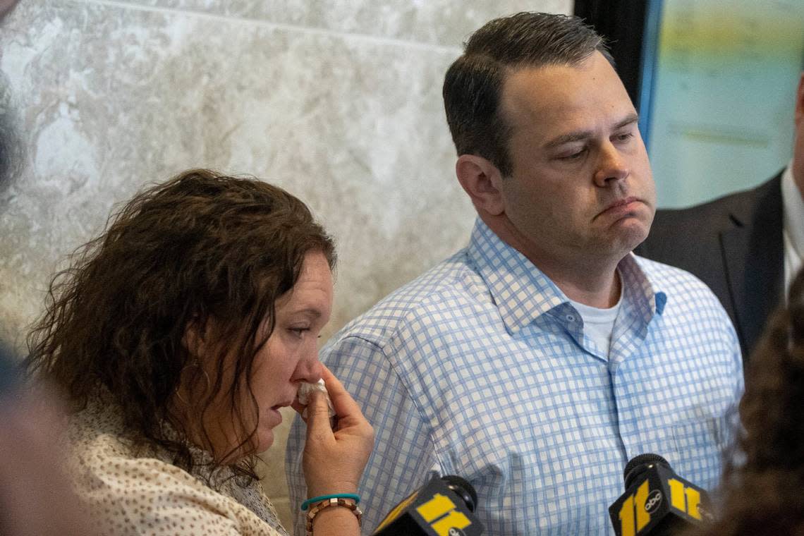 April and Trey Brooks, the parents of Hailey Brooks, the 11-year-old who was struck and killed during the Raleigh Christmas Parade, speak with reporters following a bond hearing for Landon Glass, the driver who lost control of his truck. Glass faces a felony involuntary manslaughter charge.