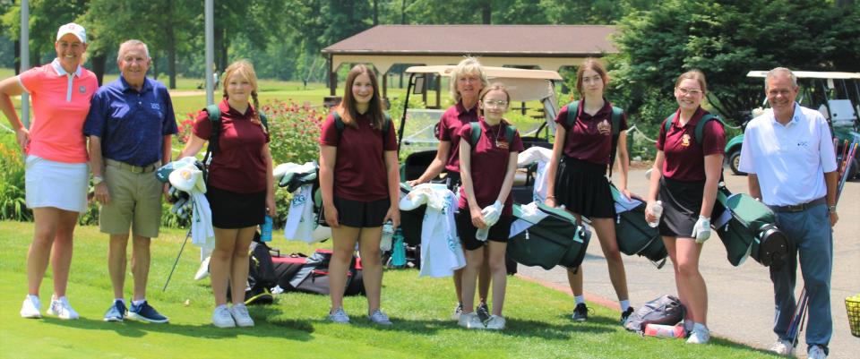 In the photo, front row, from left to right: NOPGA Foundation Director Danielle Monas (Nicholson);  Herb Page, Windmill Lakes Golf Club Director of Golf;  Southeast Pirates golfers Makenna Keef, Elizabeth Dills, Swaizey Summers, Layna Tittle and Adrianna Sloan;  and Windmill Lakes PGA Professional Dan Dauk.  Back row: Cindy Fesemyer, Southeast Pirates girls varsity golf coach.