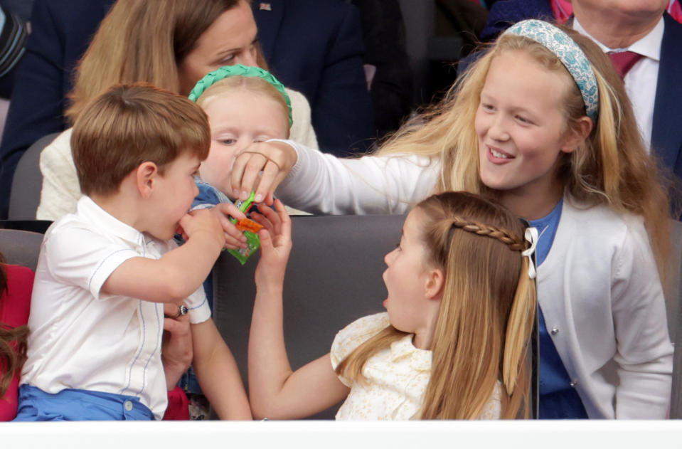 <p>Charlotte with Louis and their second cousins Lena Tindall (top left) and Savannah Phillips (top right) at the Platinum Pageant on The Mall. (Getty Images)</p> 