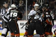 Jan 23, 2014; Anaheim, CA, USA; Anaheim Ducks and Los Angeles Kings fight during the third period at Honda Center. The Ducks won 2-1. Mandatory Credit: Kelvin Kuo-USA TODAY Sports