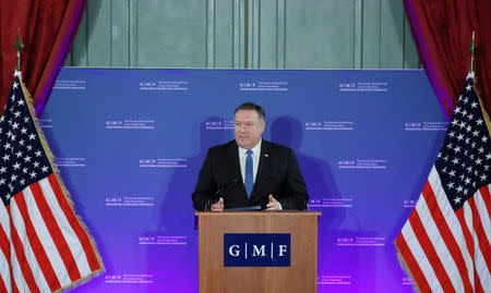 U.S. Secretary of State Mike Pompeo speaks at a conference of the German Marshall Fund of the United States on "Reforming the Rules-Based International Order", in Brussels, Belgium, December 4, 2018. REUTERS/Yves Herman