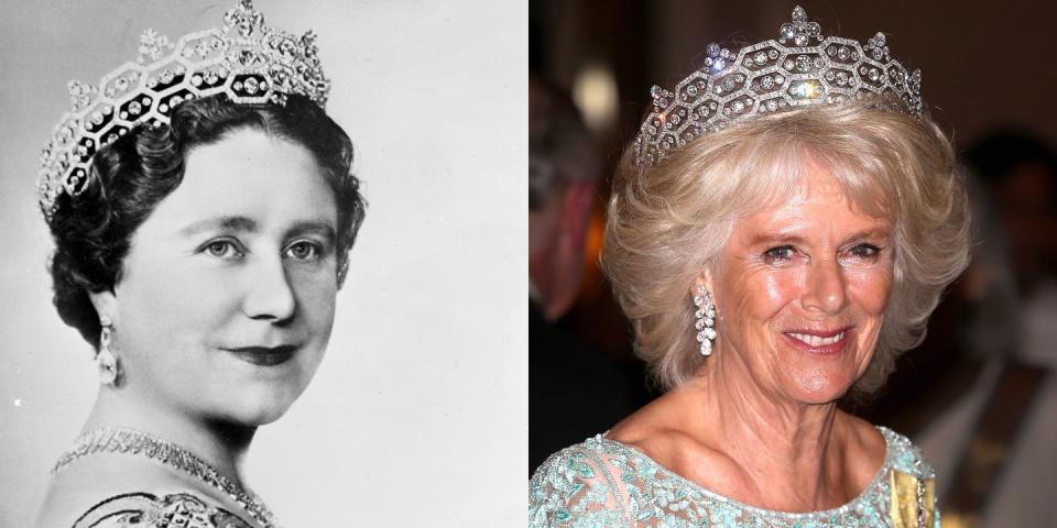 <p>This <a href="http://www.dailymail.co.uk/femail/article-2321219/Queens-Speech-Duchess-Cornwall-glitters-Queen-Mothers-Boucheron-tiara.html" rel="nofollow noopener" target="_blank" data-ylk="slk:tiara;elm:context_link;itc:0;sec:content-canvas" class="link ">tiara</a> belonged to Dame Margaret Helen Greville, who gave it to The Queen Mother. It was loaned to the Duchess of Cornwall following her marriage to Prince Charles, and she wears it quite often.</p>