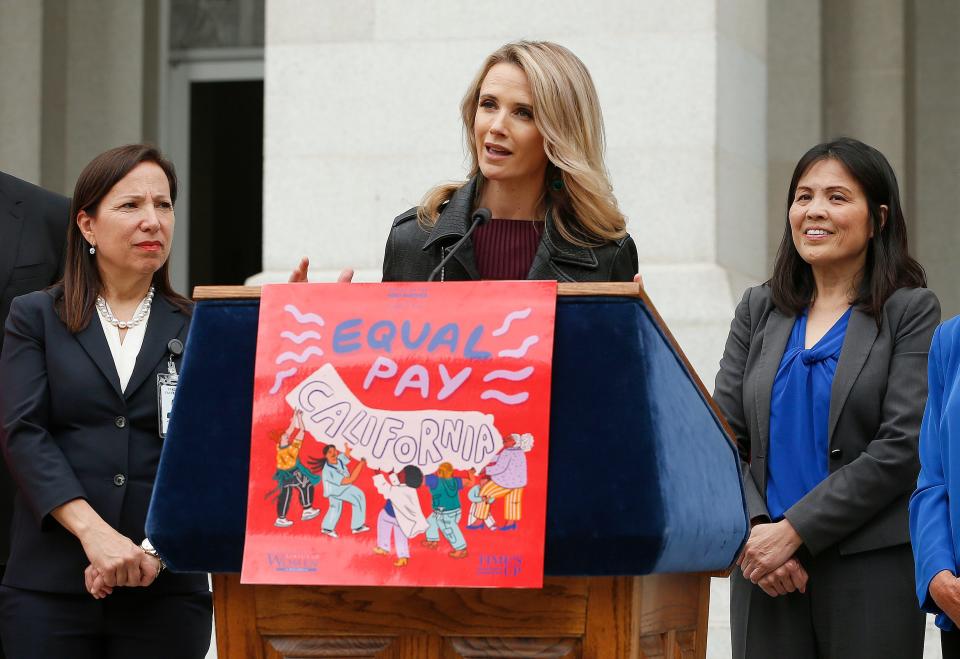 Jennifer Siebel Newsom, center, wife of California Gov. Gavin Newsom, joined others to announce the #EqualPayCA campaign, in Sacramento, Calif., on April 1, 2019.