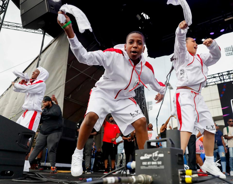 Dancers perform with Project Pat during Beale Street Music Festival on Saturday, April 30, 2022, at the Fairgrounds in Liberty Park.