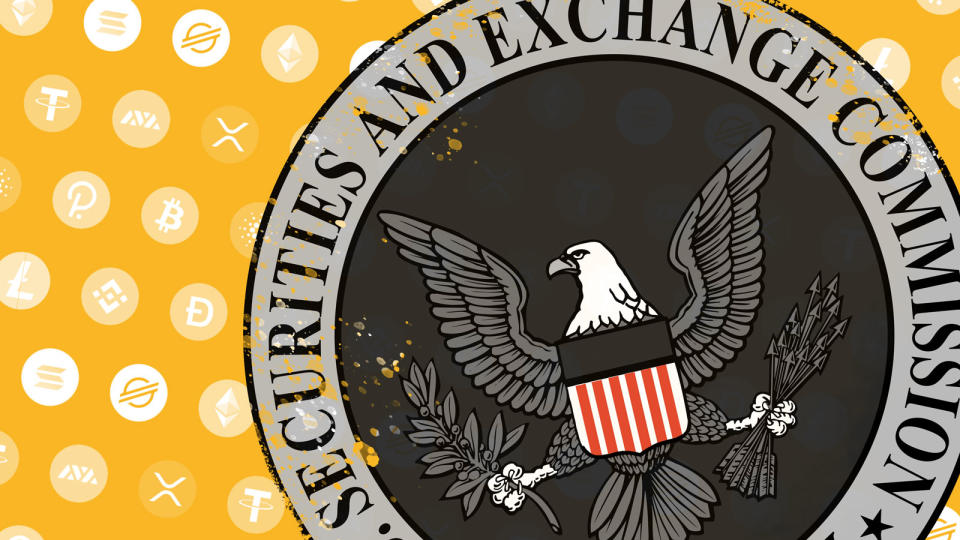 SEC logo over pattern of cryptocurrency icons