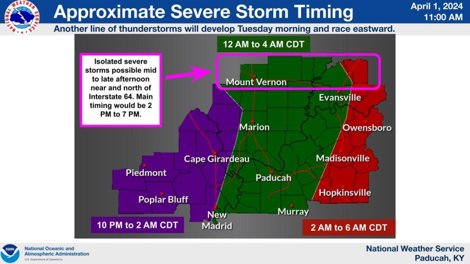 A graphic produced by the National Weather Service shows expected timing for thunderstorms later Monday in the Evansville/Tri-State region.