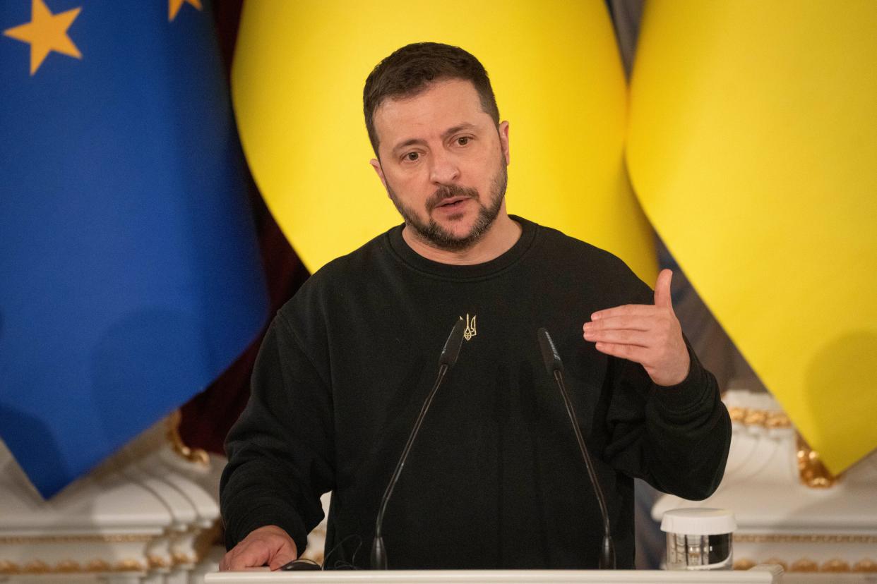 Ukrainian President Volodymyr Zelensky speaks during a joint press conference in Kyiv on Tuesday (Copyright 2023 The Associated Press. All rights reserved.)