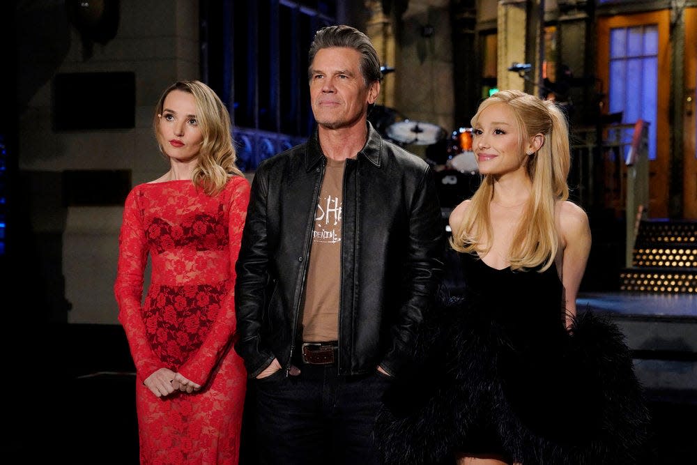 Left to right, Chloe Fineman, host Josh Brolin and musical guest Ariana Grande during "Saturday Night Live" promos in Studio 8H on March 7.