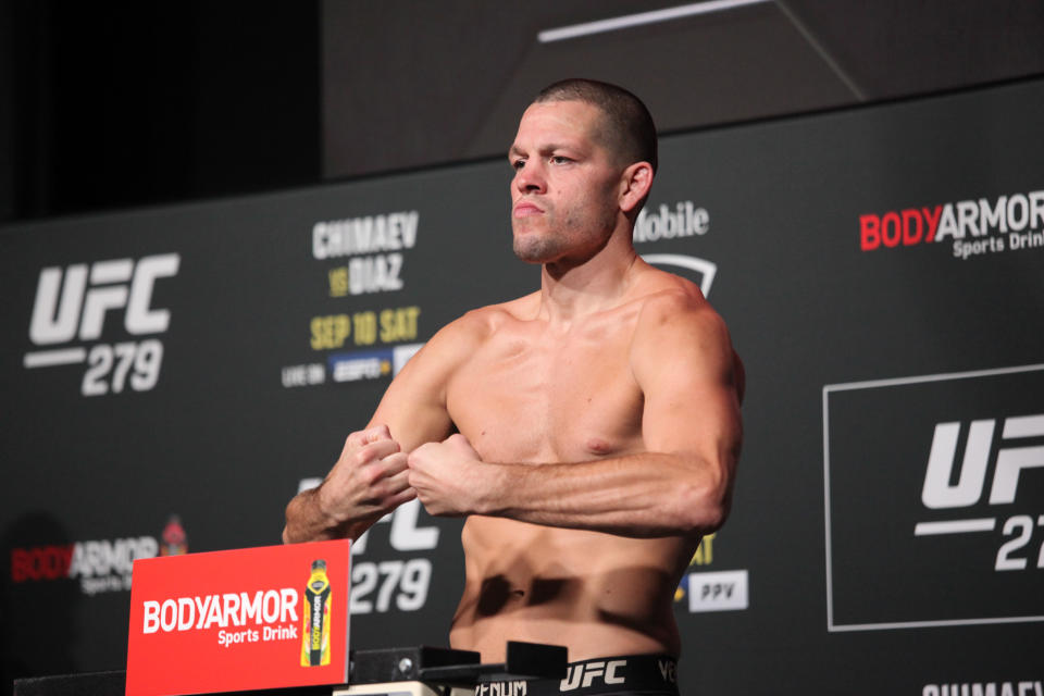 LAS VEGAS, NV - SEPTEMBER 9: Nate Diaz weighs in for their UFC 279 bout during the official weigh-ins on September 9, 2022, at the UFC APEX in Las Vegas, NV. (Photo by Amy Kaplan/Icon Sportswire via Getty Images)