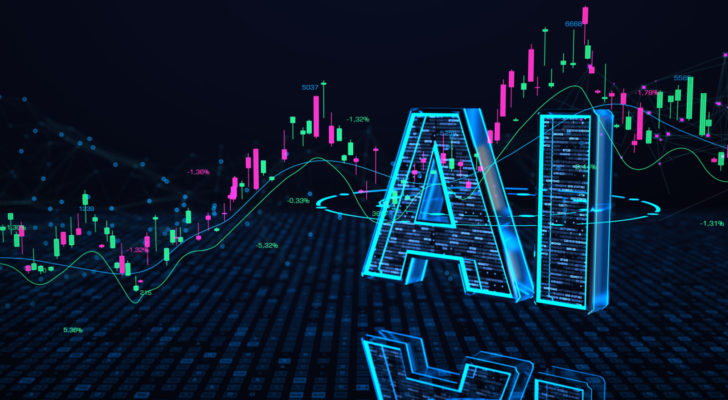 A digital candlestick chart with the letters AI in the background. AI stocks to make you rich