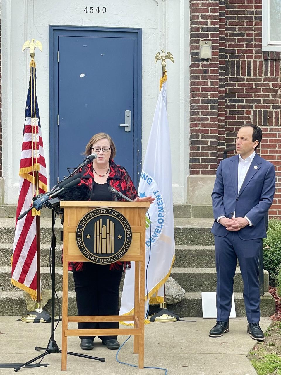 Assistant Secretary for Housing and Federal Housing Commissioner Julia R. Gordon speaks in front of a New Directions property in Louisville alongside Mayor Craig Greenberg.