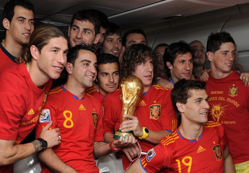 Sergio Ramos, Xavi Hernandez, Pedro Rodriguez, Carles Puyol, Fernando Llorente and Fernando Torres their 2010 World Cup win (Getty)