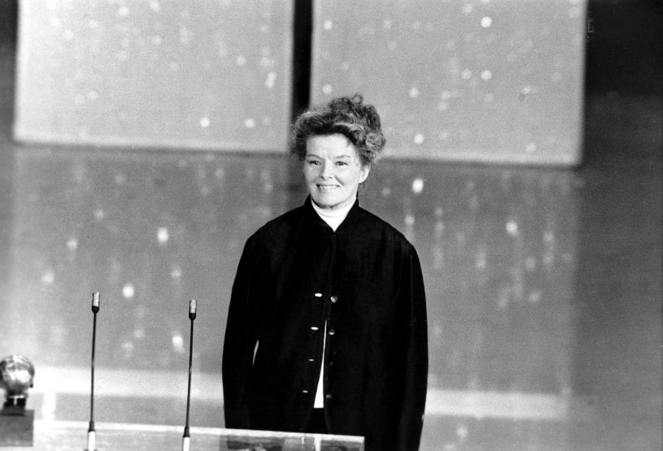 Katharine Hepburn addresses the 46th annual Academy Awards ceremony in Los Angeles, Ca., on April 2, 1974. (AP Photo)Actress Katharine Hepburn addresses the 46th annual Academy Awards ceremony in Los Angeles, Ca., on April 2, 1974.  It is the three-time Oscar winner's first appearance at the awards.  (AP Photo)