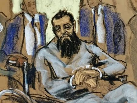 Sayfullo Saipov, the suspect in the New York City truck attack, is seen in this courtroom sketch appearing in Manhattan federal courtroom in a wheelchair in New York, NY, U.S., November 1, 2017. REUTERS/Jane Rosenberg