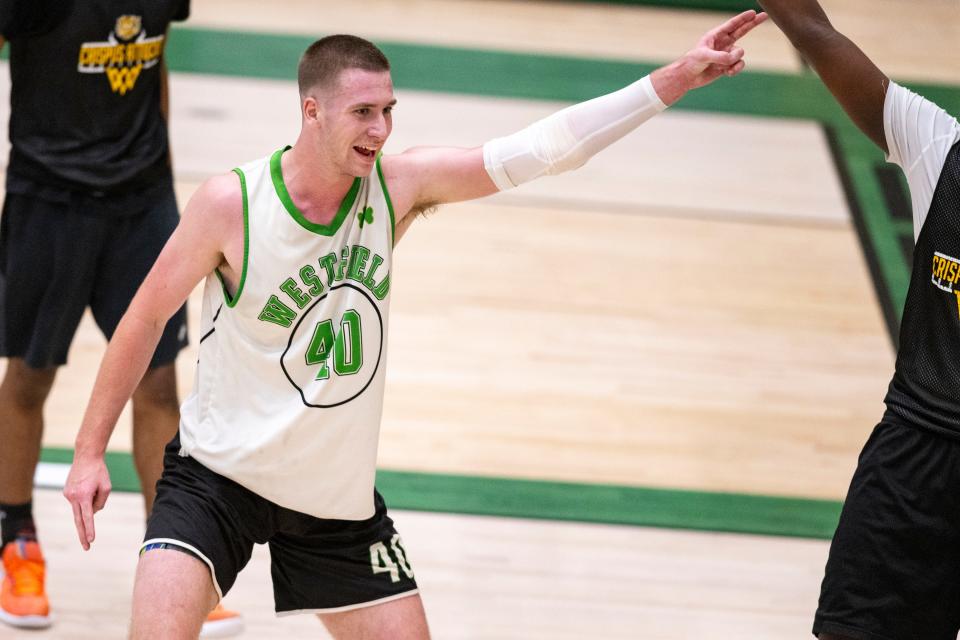 Westfield High School's Nic Book (40) reacts during Charlie Hughes Shootout basketball action, Saturday, June 24, 2023, at Westfield High School.