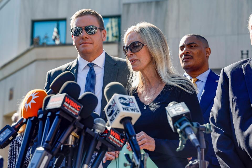 Beth Holloway speaks to media after the appearance of Joran van der Sloot outside the Hugo L. Black Federal Courthouse Wednesday, Oct. 18, 2023, in Birmingham, Ala. Van der Sloot, the chief suspect in Natalee Holloway’s 2005 disappearance in Aruba admitted he killed her and disposed of her remains, and has agreed to plead guilty to charges he tried to extort money from the teen's mother years later, a U.S. judge said Wednesday. (AP Photo/ Butch Dill )