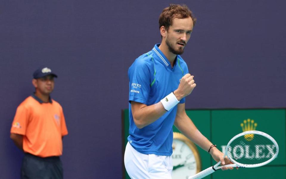 Russian tennis player Daniil Medvedev (ranked: 5) celebrates winning the set while playing in the quarterfinal round of the men’s singles against American tennis player Christopher Eubanks (ranked: 119) during the Miami Open at Hard Rock Stadium in Miami Gardens, Florida on Thursday, March 30, 2023.