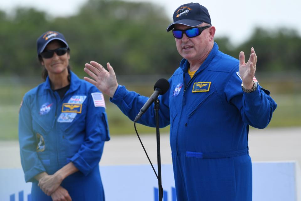 Astronauts Sunita Williams and Butch Wilmore speak to the media at Kennedy Space Center on April 25. Together, they will travel will travel on Boeing’s Starliner capsule atop a United Launch Alliance Atlas V rocket to the International Space Station on May 6.