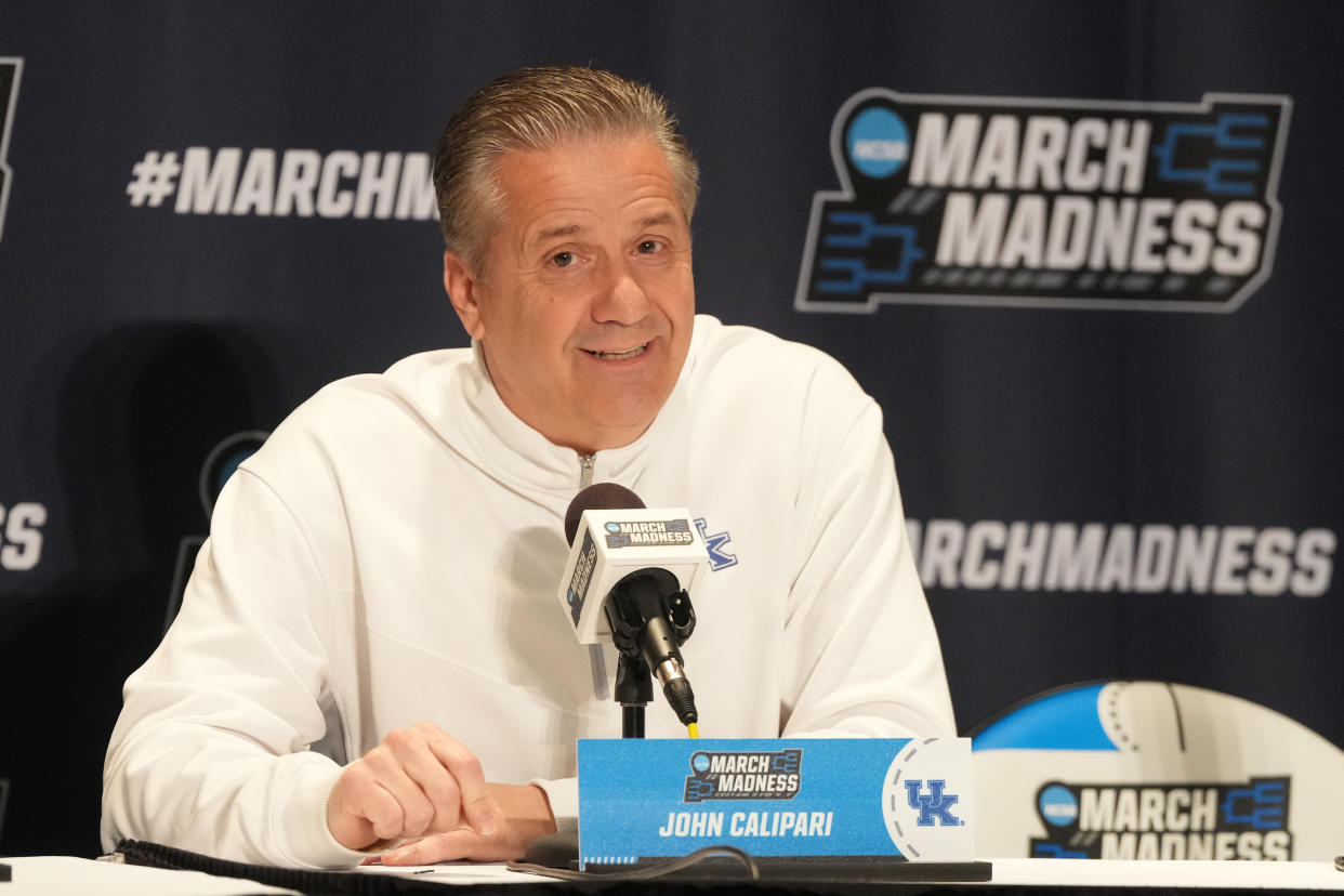GREENSBORO, NORTH CAROLINA - MARCH 16:  Head coach John Calipari of the Kentucky Wildcats addresses the media during a practice session ahead of the first round of the NCAA Mens Basketball Tournament at Greensboro Coliseum on March 16, 2023 in Greensboro, North Carolina. (Photo by Mitchell Layton/Getty Images)
