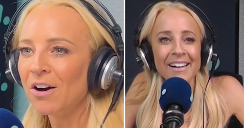 Carrie Bickmore looks panicked while speaking on radio. 