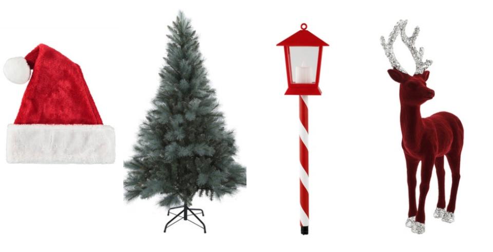 Pictured left to right:Plush Santa Hat ($2), 1.82m (6ft) Blue Spruce Christmas Tree (59), Solar Powered Large Lantern Stake ($5), Berry Flocked Stag ($7). Photo: Kmart