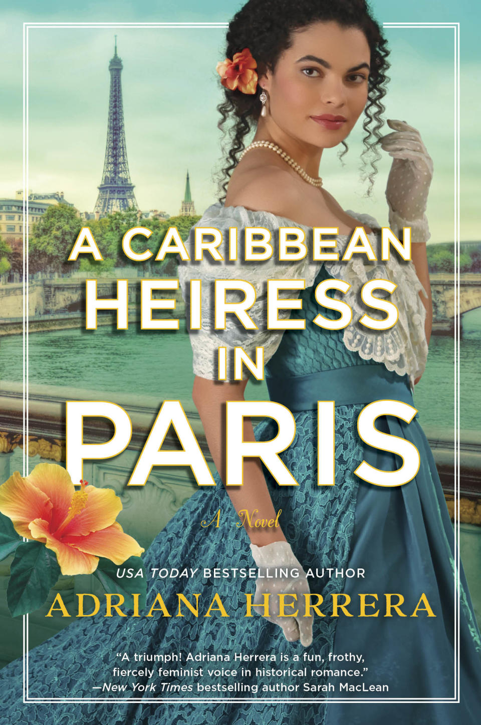 "A Caribbean Heiress in Paris" cover showing a woman in a fancy gown in front of a city view of Paris