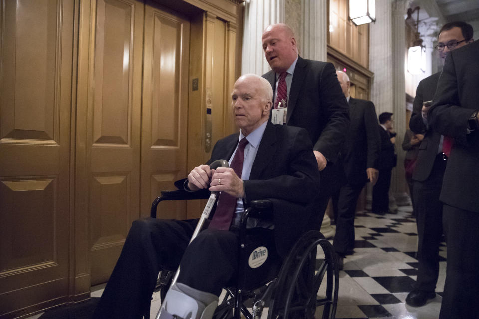 Senate Armed Services Chairman John McCain, R-Ariz., arrives for votes on Capitol Hill in Washington, Monday evening, Nov. 27, 2017. President Donald Trump and Senate Republicans are scrambling to change a Republican tax bill in an effort to win over holdout GOP senators and pass a tax package by the end of the year. (AP Photo/J. Scott Applewhite)