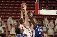 Eastern Illinois' George Dixon (35) defends against Wisconsin's Tyler Wahl (5) during the second half of an NCAA college basketball game Wednesday, Nov. 25, 2020, in Madison, Wis. Wisconsin won 77-67. (AP Photo/Andy Manis)