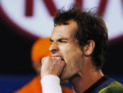 Andy Murray of Britain reacts during his men's singles final match against Novak Djokovic of Serbia at the Australian Open tennis tournament in Melbourne January 27, 2013. REUTERS/Damir Sagolj (AUSTRALIA - Tags: SPORT TENNIS TPX IMAGES OF THE DAY) - RTR3D14E